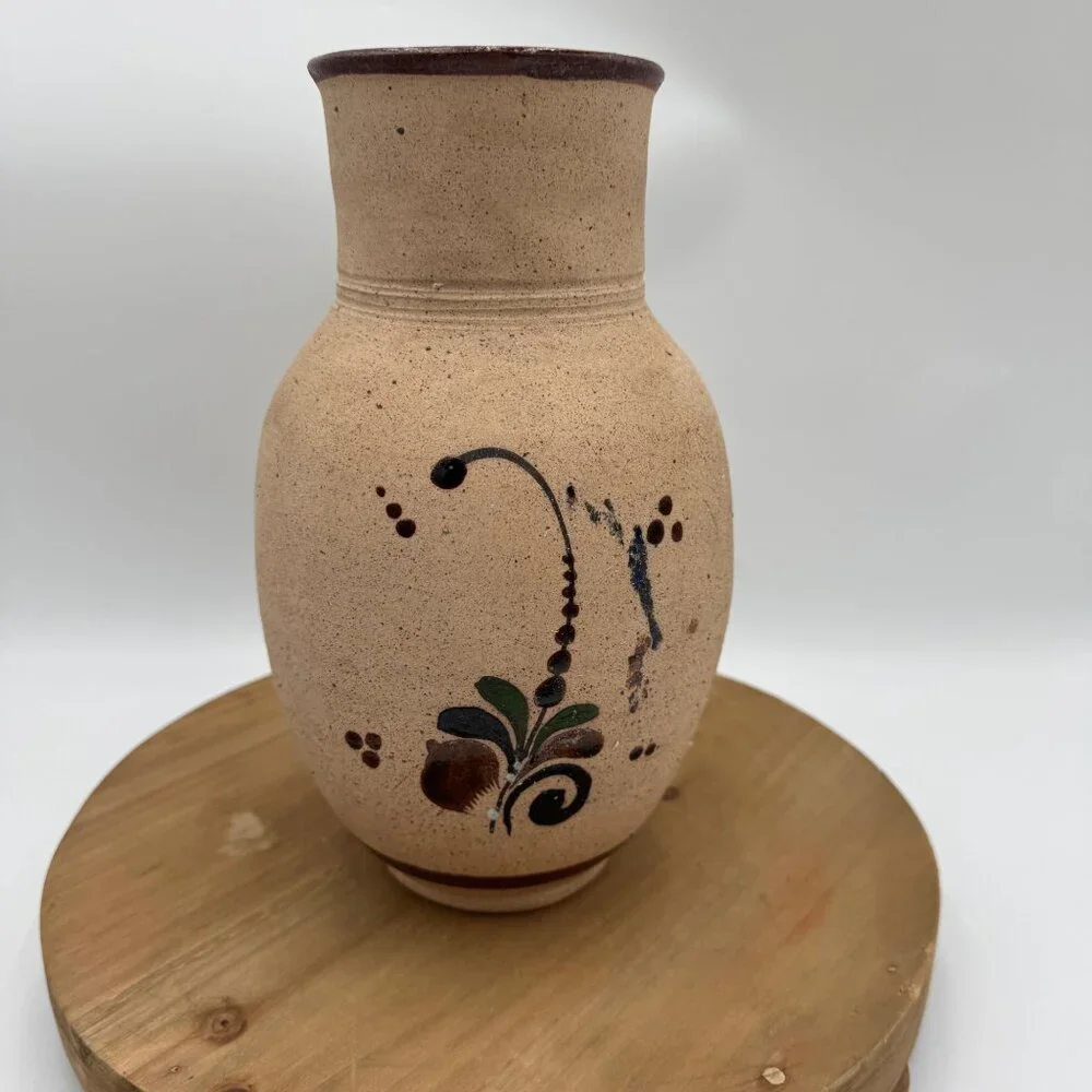 Vintage Tonala Bird Flower Vase Pottery Hand Painted Signed neutral color palett